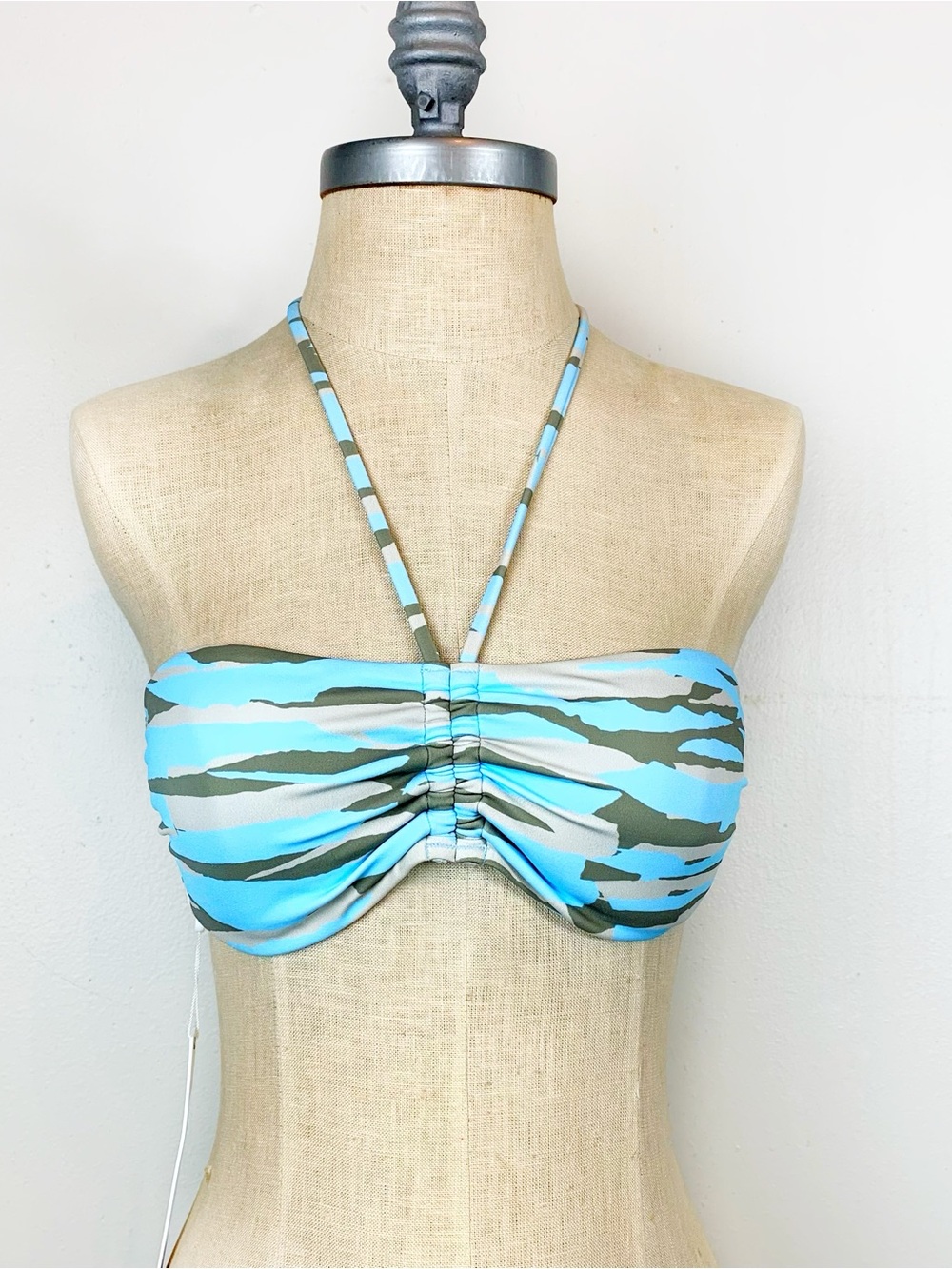 Jonathan Simkhai Adelina Zebra Print Light Blue & Olive Camo Bandeau Bikini Top